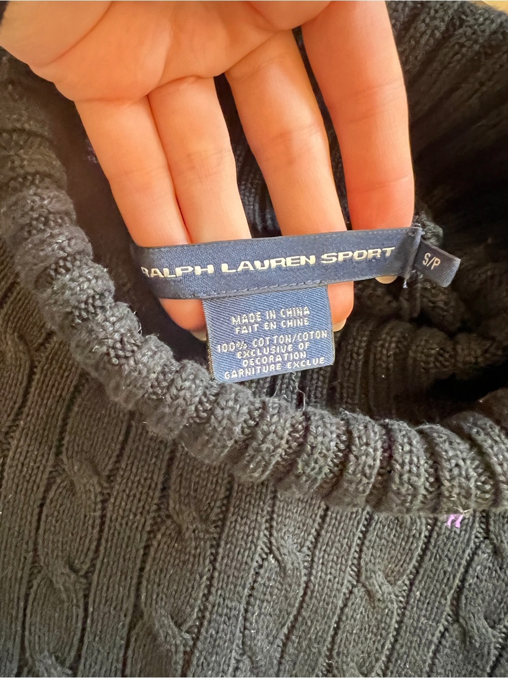 Ralph Lauren Sport Women’s Cable Knit Turtleneck Sweater Black Purple Logo Small - Picture 5 of 5